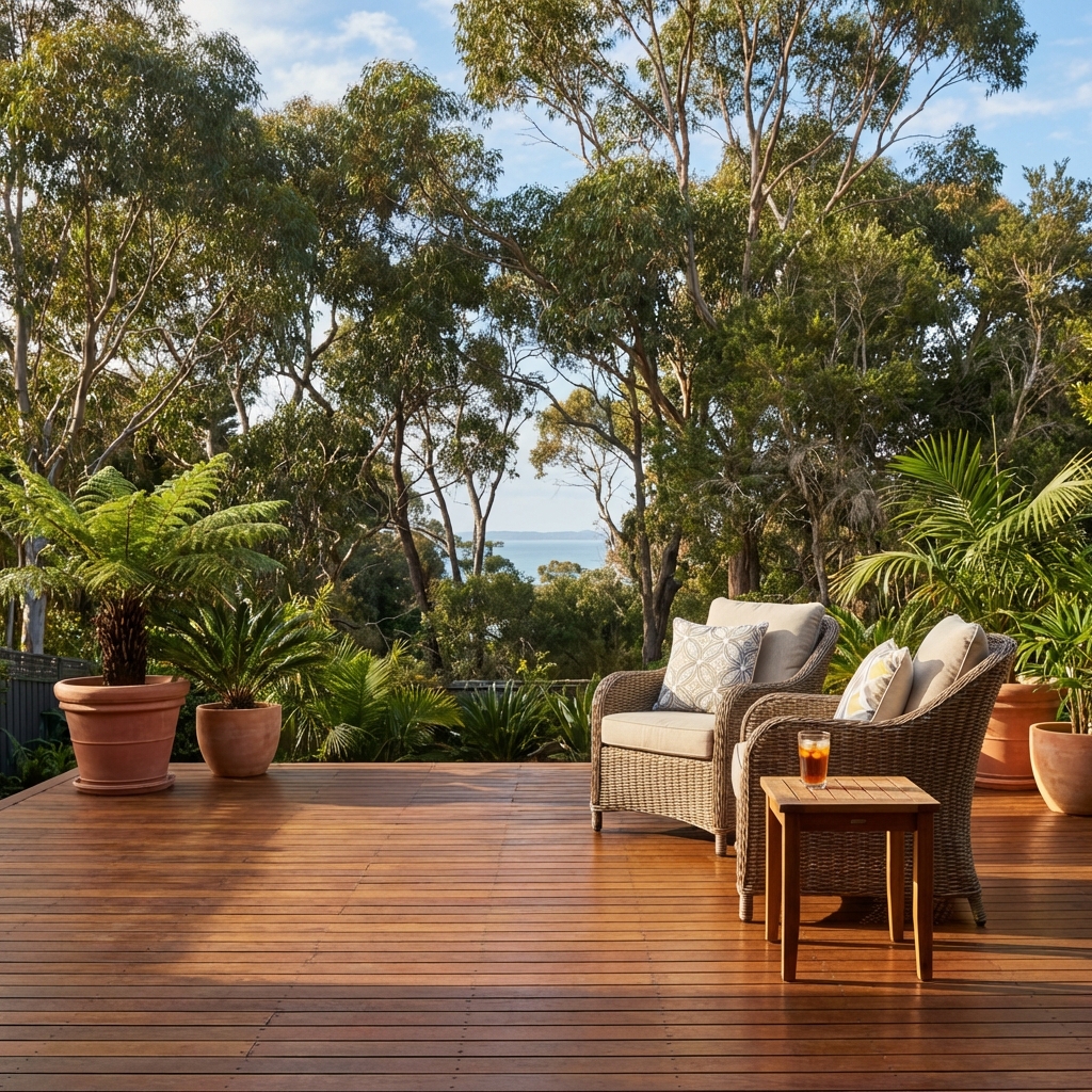 Beautiful timber deck with outdoor seating in a Queensland backyard